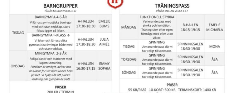 Gymnastikens schema för Vårterminen 2024