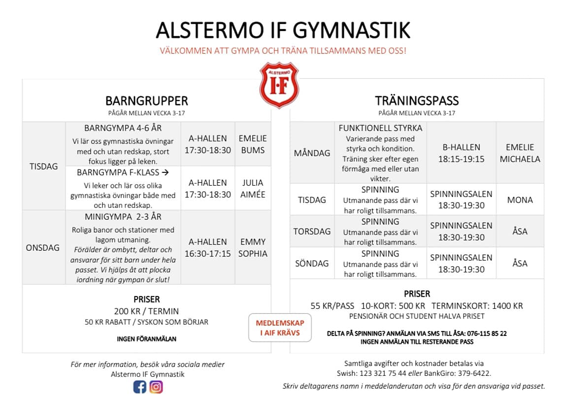 Gymnastikens schema för Vårterminen 2024